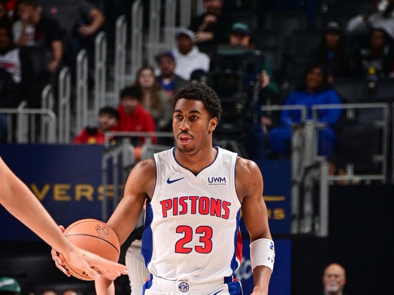 DETROIT, MI - MARCH 17: Jaden Ivey #23 of the Detroit Pistons handles the ball during the game  on March 17, 2024 at Little Caesars Arena in Detroit, Michigan. NOTE TO USER: User expressly acknowledges and agrees that, by downloading and/or using this photograph, User is consenting to the terms and conditions of the Getty Images License Agreement. Mandatory Copyright Notice: Copyright 2024 NBAE (Photo by Chris Schwegler/NBAE via Getty Images)