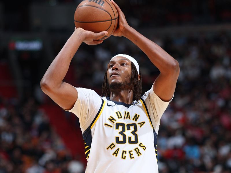 MIAMI, FL - JANUARY 02: Myles Turner #33 of the Indiana Pacers shoots a free throw during the game against the Miami Heat on January 02, 2024 at Kaseya Center in Miami, Florida. NOTE TO USER: User expressly acknowledges and agrees that, by downloading and or using this Photograph, user is consenting to the terms and conditions of the Getty Images License Agreement. Mandatory Copyright Notice: Copyright 2024 NBAE (Photo by Jeff Haynes/NBAE via Getty Images)