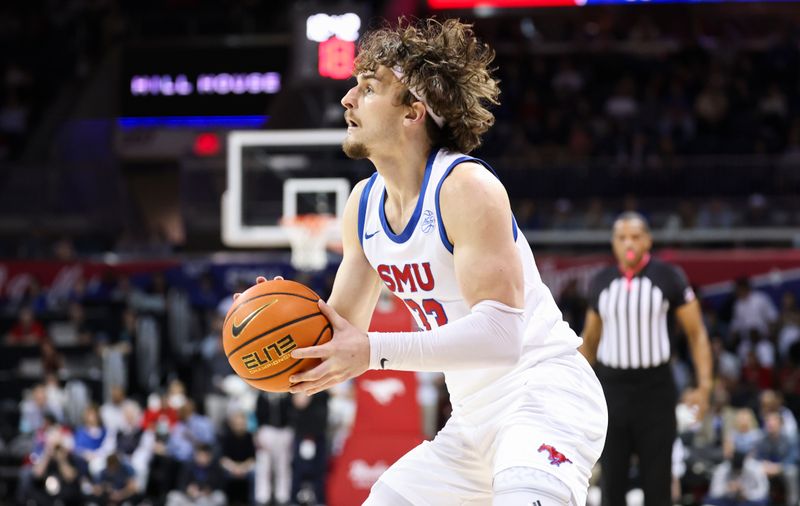 Feb 1, 2025; Dallas, Texas, USA;  Southern Methodist Mustangs forward Matt Cross (33) shoots during the first half against the Stanford Cardinal at Moody Coliseum. Mandatory Credit: Kevin Jairaj-Imagn Images