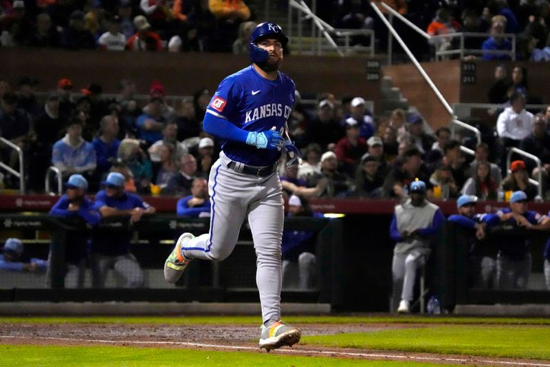 Mar 19, 2024; Scottsdale, Arizona, USA; Kansas City Royals center fielder Kyle Isbel (28) draws a walk against the San Francisco Giants in the third inning at Scottsdale Stadium. Mandatory Credit: Rick Scuteri-USA TODAY Sports