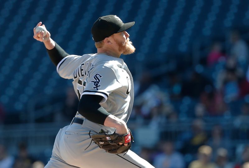 Apr 9, 2023; Pittsburgh, Pennsylvania, USA;  Chicago White Sox relief pitcher Jake Diekman (55) pitches against the buc/ during the eighth inning at PNC Park. The Pirates shutout Chicago 1-0. Mandatory Credit: Charles LeClaire-USA TODAY Sports