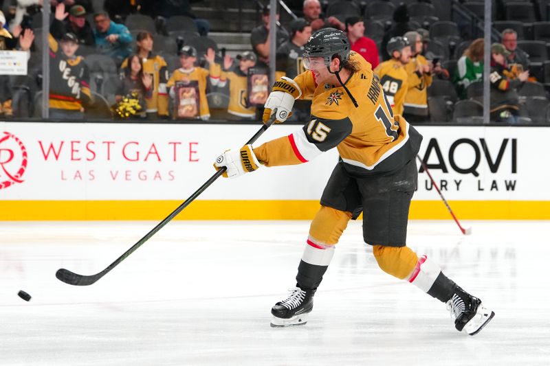 Dec 6, 2024; Las Vegas, Nevada, USA; Vegas Golden Knights defenseman Noah Hanifin (15) warms up before a game against the Dallas Stars at T-Mobile Arena. Mandatory Credit: Stephen R. Sylvanie-Imagn Images