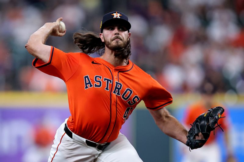 Aug 16, 2024; Houston, Texas, USA; Houston Astros starting pitcher Spencer Arrighetti (41) delivers a pitch against the Chicago White Sox during the first inning at Minute Maid Park. Mandatory Credit: Erik Williams-USA TODAY Sports