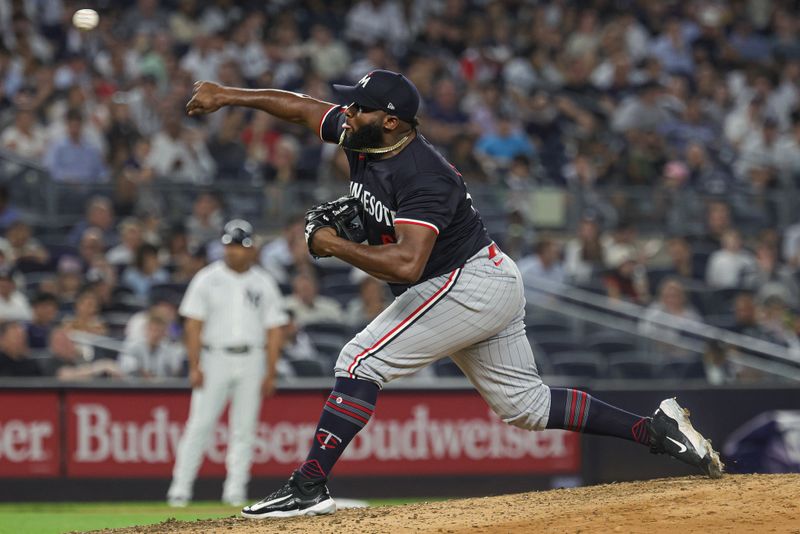 Jun 5, 2024; Bronx, New York, USA; Minnesota Twins relief pitcher Diego Castillo (62) delivers a pitch during the sixth inning against the New York Yankees at Yankee Stadium. Mandatory Credit: Vincent Carchietta-USA TODAY Sports