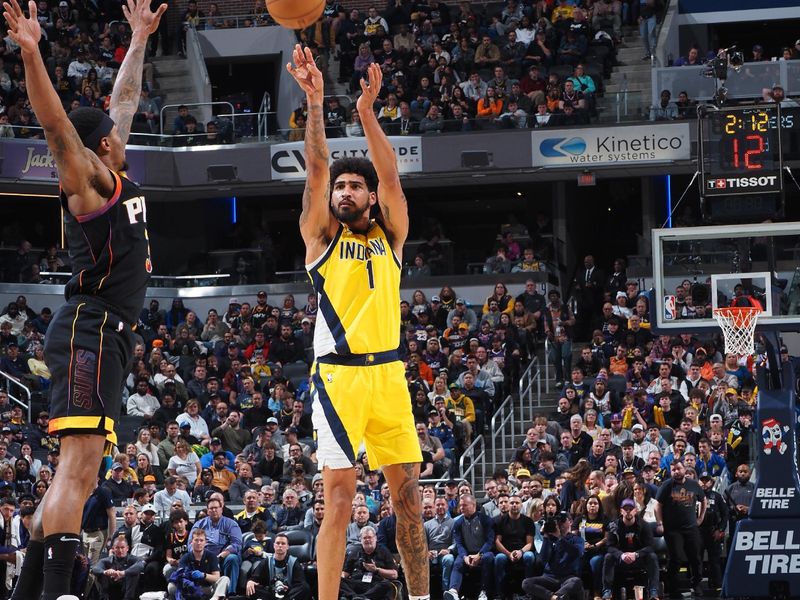 INDIANAPOLIS, IN - JANUARY 26: Obi Toppin #1 of the Indiana Pacers shoots the ball during the game against the Phoenix Suns on January 26, 2024 at Gainbridge Fieldhouse in Indianapolis, Indiana. NOTE TO USER: User expressly acknowledges and agrees that, by downloading and or using this Photograph, user is consenting to the terms and conditions of the Getty Images License Agreement. Mandatory Copyright Notice: Copyright 2024 NBAE (Photo by Ron Hoskins/NBAE via Getty Images)