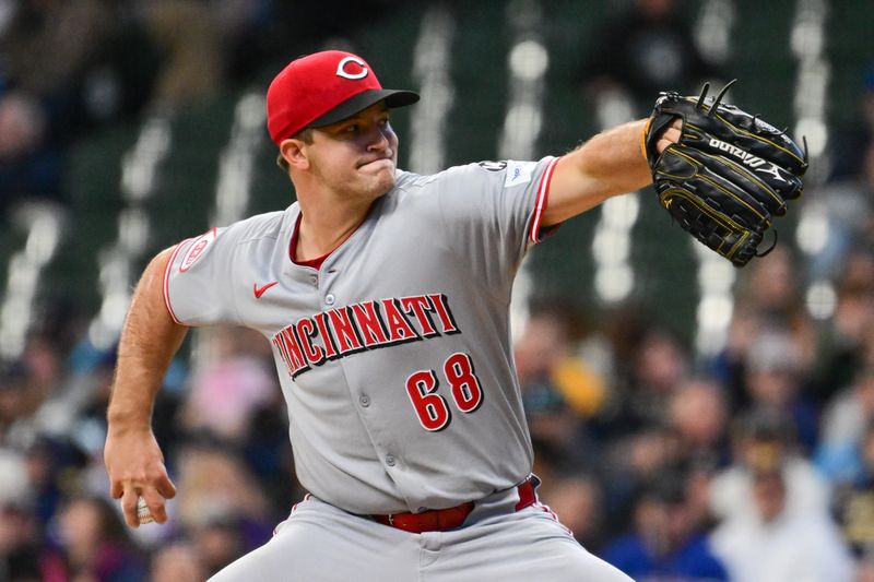 Apr 6, 2025; Milwaukee, Wisconsin, USA; Cincinnati Reds starting pitcher Carson Spiers (68) pitches in the first inning against the Milwaukee Brewers at American Family Field. Mandatory Credit: Benny Sieu-Imagn Images