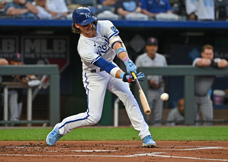 Sep 19, 2023; Kansas City, Missouri, USA; Kansas City Royals shortstop Bobby Witt Jr. (7) singles in the first inning against the Cleveland Guardians at Kauffman Stadium. Mandatory Credit: Peter Aiken-USA TODAY Sports