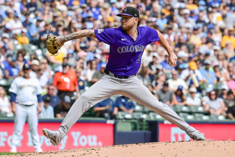 Sep 8, 2024; Milwaukee, Wisconsin, USA; Colorado Rockies starting pitcher Kyle Freeland (21) pitches in the first inning against the Milwaukee Brewers at American Family Field. Mandatory Credit: Benny Sieu-Imagn Images