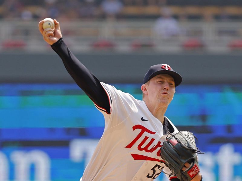 Jul 30, 2025; Minneapolis, Minnesota, USA; Minnesota Twins starting pitcher Zebby Matthews (52) throws to the Boston Red Sox in the first inning at Target Field. Mandatory Credit: Bruce Kluckhohn-Imagn Images