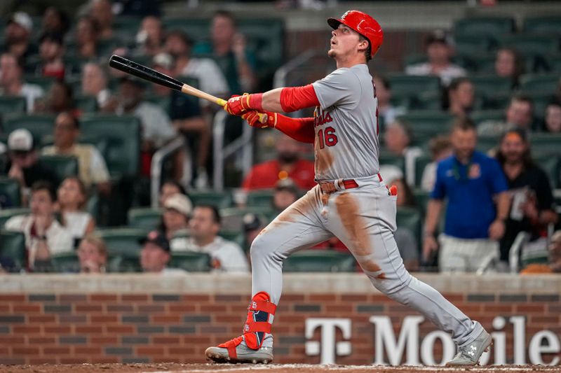 Sep 6, 2023; Cumberland, Georgia, USA; St. Louis Cardinals second baseman Nolan Gorman (16) hits a three run home run against the Atlanta Braves during the eighth inning at Truist Park. Mandatory Credit: Dale Zanine-USA TODAY Sports