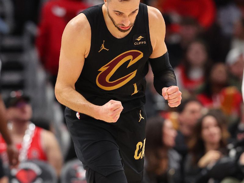 CHICAGO, ILLINOIS - DECEMBER 23: Max Strus #1 of the Cleveland Cavaliers reacts to a three pointer against the Chicago Bulls during the second half at the United Center on December 23, 2023 in Chicago, Illinois. NOTE TO USER: User expressly acknowledges and agrees that, by downloading and or using this photograph, User is consenting to the terms and conditions of the Getty Images License Agreement.  (Photo by Michael Reaves/Getty Images)