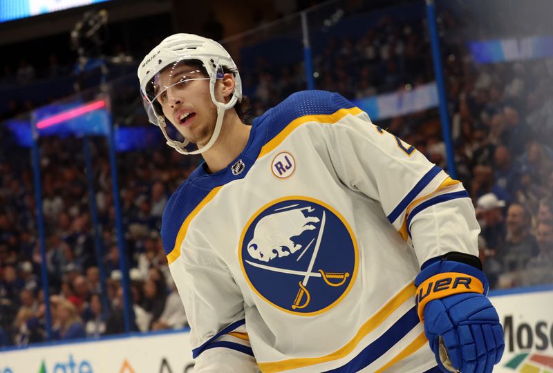 Apr 15, 2024; Tampa, Florida, USA;  Buffalo Sabres center Dylan Cozens (24) celebrates after he scored as goal against the Tampa Bay Lightning during the second period at Amalie Arena. Mandatory Credit: Kim Klement Neitzel-USA TODAY Sports