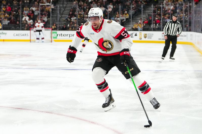 Nov 26, 2025; Las Vegas, Nevada, USA; Ottawa Senators left wing David Perron (57) skates against the Vegas Golden Knights during the second period at T-Mobile Arena. Mandatory Credit: Stephen R. Sylvanie-Imagn Images