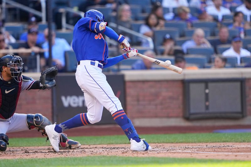 Sep 14, 2023; New York City, New York, USA; New York Mets center fielder Brandon Nimmo (9) hits an RBI double against the Arizona Diamondbacks during the third inning at Citi Field. Mandatory Credit: Gregory Fisher-USA TODAY Sports