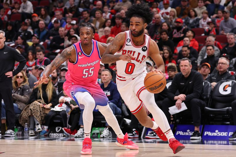 CHICAGO, ILLINOIS - FEBRUARY 26: Coby White #0 of the Chicago Bulls drives to the basket against the Washington Wizards during the second half at United Center on February 26, 2023 in Chicago, Illinois. NOTE TO USER: User expressly acknowledges and agrees that, by downloading and or using this photograph, User is consenting to the terms and conditions of the Getty Images License Agreement.  (Photo by Michael Reaves/Getty Images)