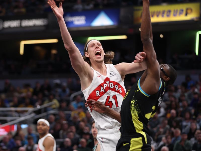 INDIANAPOLIS, IN - FEBRUARY 27: Kelly Olynyk #41 of the Toronto Raptors drives to the basket during the game against the Indiana Pacers on February 27, 2024 at Gainbridge Fieldhouse in Indianapolis, Indiana. NOTE TO USER: User expressly acknowledges and agrees that, by downloading and or using this Photograph, user is consenting to the terms and conditions of the Getty Images License Agreement. Mandatory Copyright Notice: Copyright 2024 NBAE (Photo by Pepper Robinson/NBAE via Getty Images)