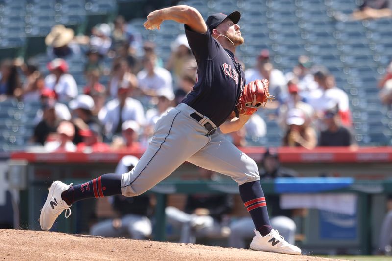 Sep 10, 2023; Anaheim, California, USA; Cleveland Guardians starting pitcher Tanner Bibee (61) throws to a Los Angeles Angels batter during the first inning of a game at Angel Stadium. Mandatory Credit: Jessica Alcheh-USA TODAY Sports