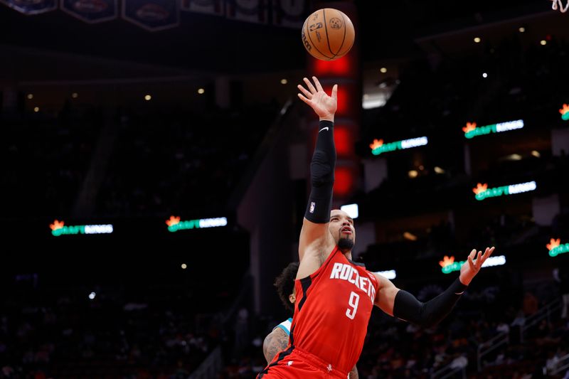 HOUSTON, TEXAS - NOVEMBER 01: Dillon Brooks #9 of the Houston Rockets puts up a basket against the Charlotte Hornets during the first half at Toyota Center on November 01, 2023 in Houston, Texas. (Photo by Carmen Mandato/Getty Images)