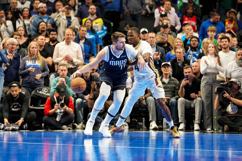 DALLAS, TX - November 19: Luka Doncic #77 of the Dallas Mavericks dribbles the ball during the NBA Cup game against the New Orleans Pelicans on November 19, 2024 at American Airlines Center in Dallas, Texas. NOTE TO USER: User expressly acknowledges and agrees that, by downloading and or using this photograph, User is consenting to the terms and conditions of the Getty Images License Agreement. Mandatory Copyright Notice: Copyright 2024 NBAE (Photo by Glenn James/NBAE via Getty Images)