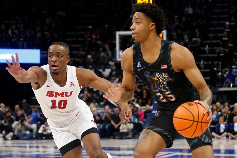 Jan 26, 2023; Memphis, Tennessee, USA; Memphis Tigers guard Jayden Hardaway (25) dribbles as Southern Methodist Mustangs guard Zach Nutall (10) defends  during the first half at FedExForum. Mandatory Credit: Petre Thomas-USA TODAY Sports