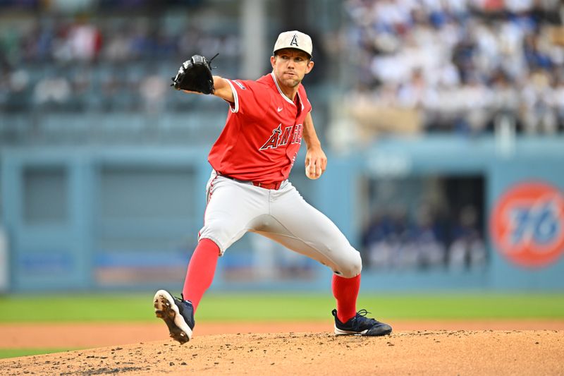 May 17, 2025; Los Angeles, California, USA; Los Angeles Angels pitcher Tyler Anderson (31) pitches against the Los Angeles Dodgers in the first inning at Dodger Stadium. Mandatory Credit: Jonathan Hui-Imagn Images
