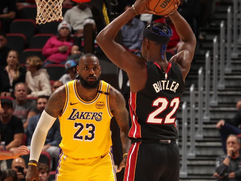 MIAMI, FL - DECEMBER 4: Jimmy Butler #22 of the Miami Heat looks to pass the ball during the game against the Los Angeles Lakers on December 4, 2024 at Kaseya Center in Miami, Florida. NOTE TO USER: User expressly acknowledges and agrees that, by downloading and or using this Photograph, user is consenting to the terms and conditions of the Getty Images License Agreement. Mandatory Copyright Notice: Copyright 2024 NBAE (Photo by Issac Baldizon/NBAE via Getty Images)