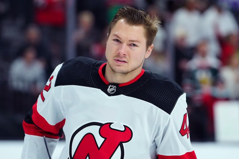 Mar 17, 2024; Las Vegas, Nevada, USA; New Jersey Devils center Curtis Lazar (42) warms up before a game against the Vegas Golden Knights at T-Mobile Arena. Mandatory Credit: Stephen R. Sylvanie-USA TODAY Sports