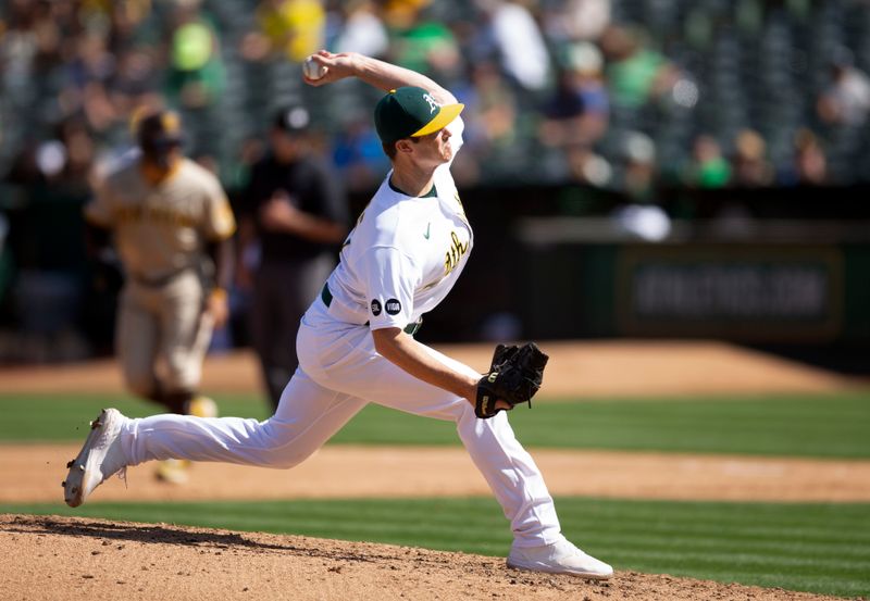Sep 16, 2023; Oakland, California, USA; Oakland Athletics pitcher Easton Lucas (67) delivers a pitch during the fifth inning at Oakland-Alameda County Coliseum. Mandatory Credit: D. Ross Cameron-USA TODAY Sports