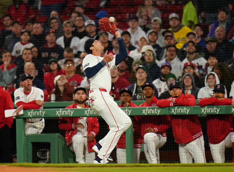 Apr 10, 2024; Boston, Massachusetts, USA; Boston Red Sox first base Triston Casas (36) makes the catch against the Baltimore Orioles in the second inning at Fenway Park. Mandatory Credit: David Butler II-USA TODAY Sports