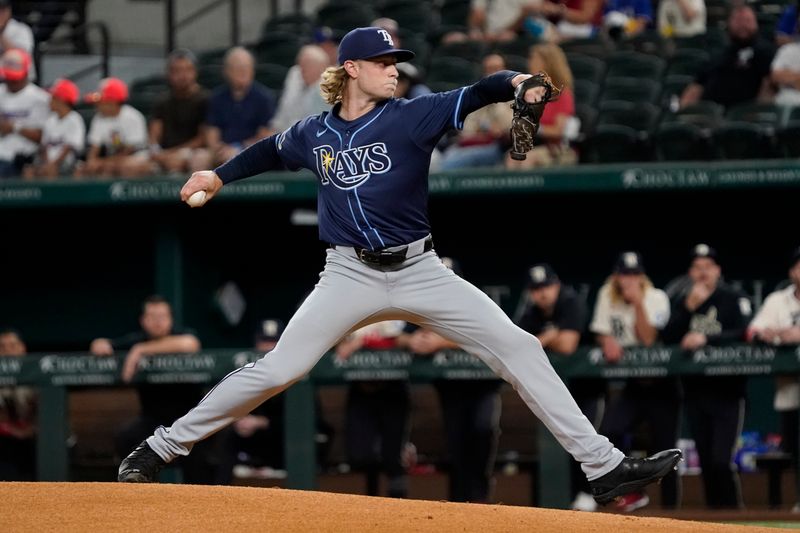Jul 5, 2024; Arlington, Texas, USA; Tampa Bay Rays pitcher Shane Baz (11) throws to the plate during the first inning against the Texas Rangers at Globe Life Field. Mandatory Credit: Raymond Carlin III-USA TODAY Sports