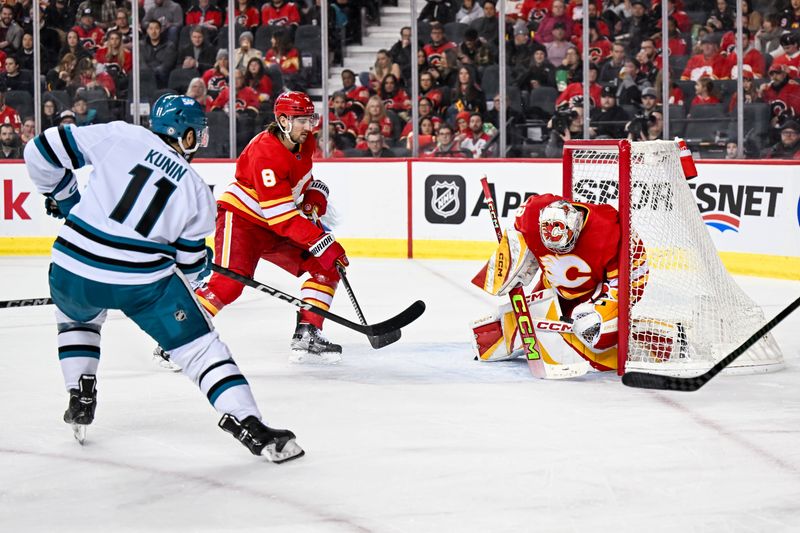 Feb 15, 2024; Calgary, Alberta, CAN; San Jose Sharks center Luke Kunin (11) scores a goal on Calgary Flames goaltender Dustin Wolf (32) during the second period at Scotiabank Saddledome. Mandatory Credit: Brett Holmes-USA TODAY Sports