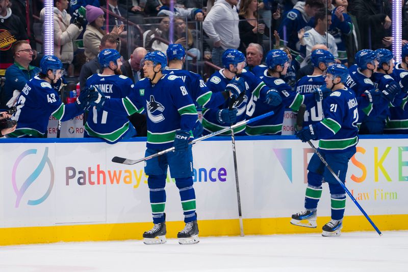 Jan 18, 2024; Vancouver, British Columbia, CAN; Vancouver Canucks forward Dakota Joshua (81) and forward Nils Hoglander (21) celebrate Joshua   s goal against the Arizona Coyotes in the second period at Rogers Arena. Mandatory Credit: Bob Frid-USA TODAY Sports