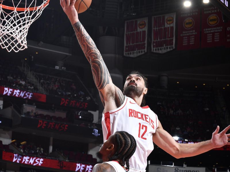 HOUSTON, TX - OCTOBER 15: Steven Adams #12 of the Houston Rockets rebounds the ball during the game against the New Orleans Pelicans during a NBA preseason game on October 15, 2024 at the Toyota Center in Houston, Texas. NOTE TO USER: User expressly acknowledges and agrees that, by downloading and or using this photograph, User is consenting to the terms and conditions of the Getty Images License Agreement. Mandatory Copyright Notice: Copyright 2024 NBAE (Photo by Logan Riely/NBAE via Getty Images)