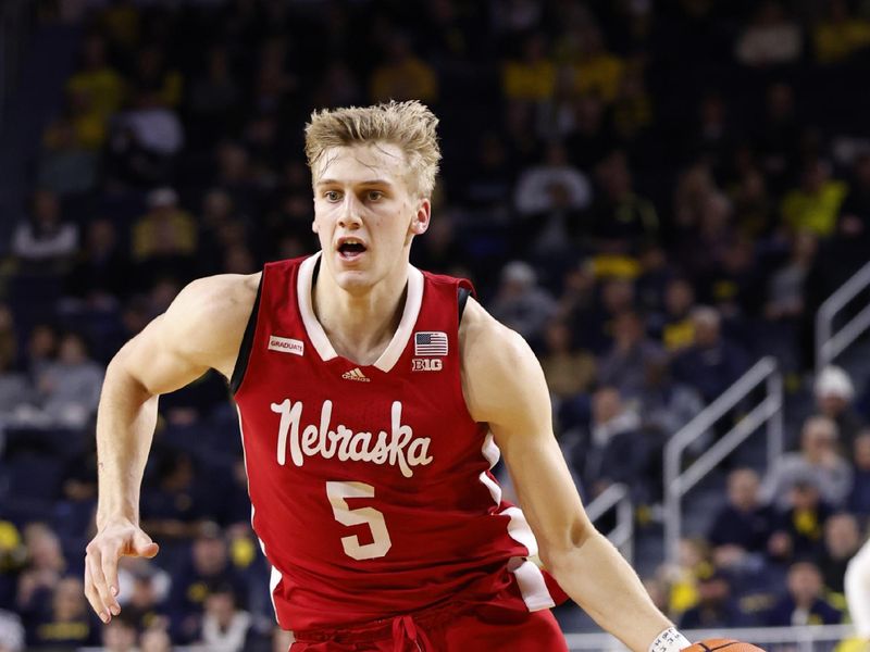 Feb 8, 2023; Ann Arbor, Michigan, USA;  Nebraska Cornhuskers guard Sam Griesel (5) dribbles in the second half against the Michigan Wolverines at Crisler Center. Mandatory Credit: Rick Osentoski-USA TODAY Sports