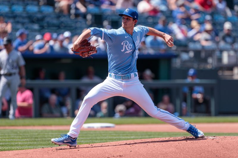 Jun 3, 2023; Kansas City, Missouri, USA; Kansas City Royals starting pitcher Daniel Lynch (52) pitches against the Colorado Rockies during the first inning at Kauffman Stadium. Mandatory Credit: William Purnell-USA TODAY Sports