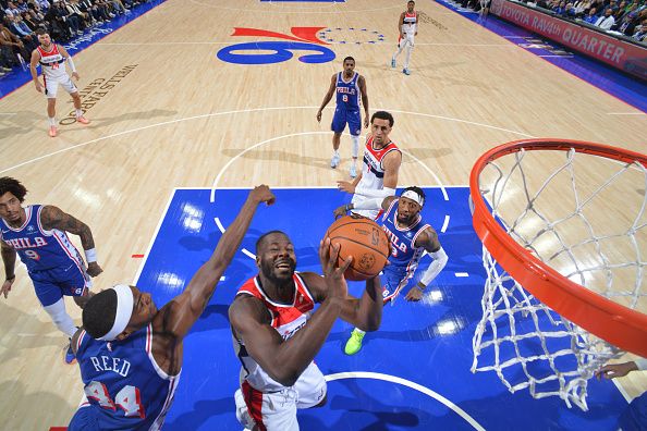 PHILADELPHIA, PA - DECEMBER 11: Jared Butler #4 of the Washington Wizards drives to the basket during the game against the Philadelphia 76ers on December 11, 2023 at the Wells Fargo Center in Philadelphia, Pennsylvania NOTE TO USER: User expressly acknowledges and agrees that, by downloading and/or using this Photograph, user is consenting to the terms and conditions of the Getty Images License Agreement. Mandatory Copyright Notice: Copyright 2023 NBAE (Photo by Jesse D. Garrabrant/NBAE via Getty Images)