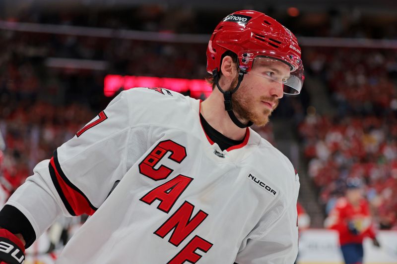 May 26, 2025; Sunrise, Florida, USA; Carolina Hurricanes right wing Andrei Svechnikov (37) during the second period against the Florida Panthers in game four of the Eastern Conference Final of the 2025 Stanley Cup Playoffs at Amerant Bank Arena. Mandatory Credit: Sam Navarro-Imagn Images