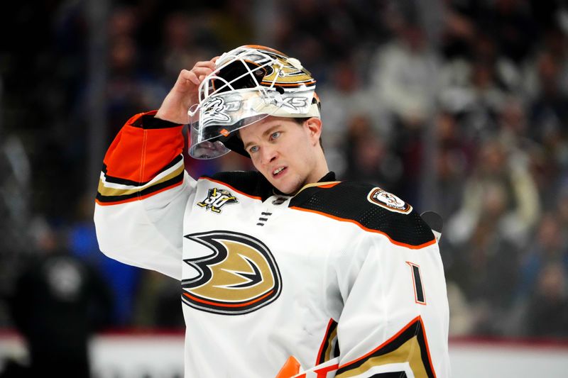 Nov 15, 2023; Denver, Colorado, USA; Anaheim Ducks goaltender Lukas Dostal (1) during the second period against the Colorado Avalanche at Ball Arena. Mandatory Credit: Ron Chenoy-USA TODAY Sports