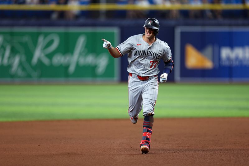 Sep 2, 2024; St. Petersburg, Florida, USA;  Minnesota Twins shortstop Brooks Lee (72) runs the bases after hitting a home run against the Tampa Bay Rays in the eighth inning at Tropicana Field. Mandatory Credit: Nathan Ray Seebeck-USA TODAY Sports