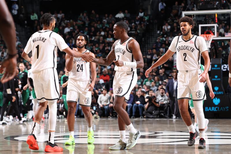 BROOKLYN, NY - NOVEMBER 13: Brooklyn Nets celebrate during the game against the Boston Celtics on November 13, 2024 at Barclays Center in Brooklyn, New York. NOTE TO USER: User expressly acknowledges and agrees that, by downloading and or using this Photograph, user is consenting to the terms and conditions of the Getty Images License Agreement. Mandatory Copyright Notice: Copyright 2024 NBAE (Photo by Jeff Haynes/NBAE via Getty Images)