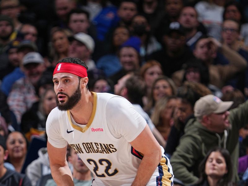 DENVER, CO - JANUARY 12: Larry Nance Jr. #22 of the New Orleans Pelicans handles the ball during the game against the Denver Nuggets on January 12, 2024 at the Ball Arena in Denver, Colorado. NOTE TO USER: User expressly acknowledges and agrees that, by downloading and/or using this Photograph, user is consenting to the terms and conditions of the Getty Images License Agreement. Mandatory Copyright Notice: Copyright 2024 NBAE (Photo by Garrett Ellwood/NBAE via Getty Images)