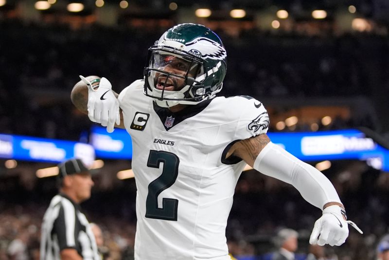 Philadelphia Eagles cornerback Darius Slay Jr. celebrates after breaking up a pass against the New Orleans Saints in the second half of an NFL football game in New Orleans, Sunday, Sept. 22, 2024. (AP Photo/Gerald Herbert)