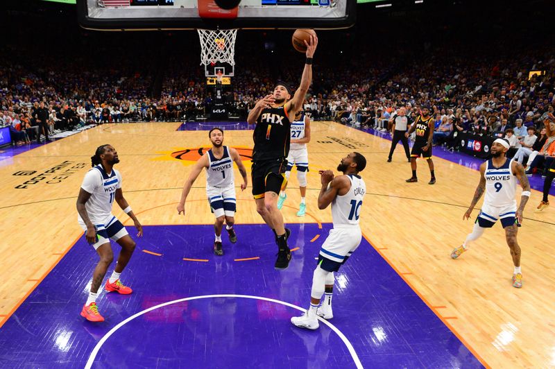 PHOENIX, AZ - APRIL  28: Devin Booker #1 of the Phoenix Suns shoots the ball during the game against the Minnesota Timberwolves during Round 1 Game 4 of the 2024 NBA Playoffs on April 28, 2024 at Footprint Center in Phoenix, Arizona. NOTE TO USER: User expressly acknowledges and agrees that, by downloading and or using this photograph, user is consenting to the terms and conditions of the Getty Images License Agreement. Mandatory Copyright Notice: Copyright 2024 NBAE (Photo by Kate Frese/NBAE via Getty Images)