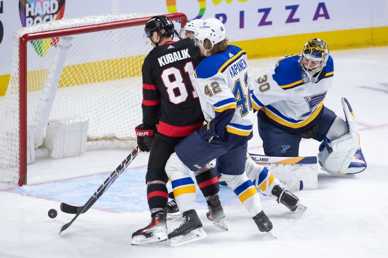 Mar 21, 2024; Ottawa, Ontario, CAN; Ottawa Senators left wing Dominik Kubalik (81) chases a looses puck off a rebound from St. Louis Blues goalie Joel Hofer (30) in the third period at the Canadian Tire Centre. Mandatory Credit: Marc DesRosiers-USA TODAY Sports