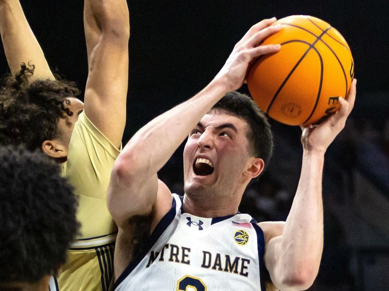 Feb 14, 2026; South Bend, Indiana, USA; Notre Dame Fighting Irish guard Logan Imes (2) drives to the basket against the Georgia Tech Yellow Jackets during the first half at Purcell Pavilion at the Joyce Center. Mandatory Credit: Michael Caterina-Imagn Images