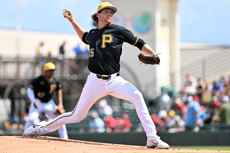 Mar 6, 2026; Bradenton, Florida, USA;  Pittsburgh Pirates starting pitcher Braxton Ashcraft (35) throws a pitch in the first inning against the Philadelphia Phillies during spring training at LECOM Park. Mandatory Credit: Jonathan Dyer-Imagn Images