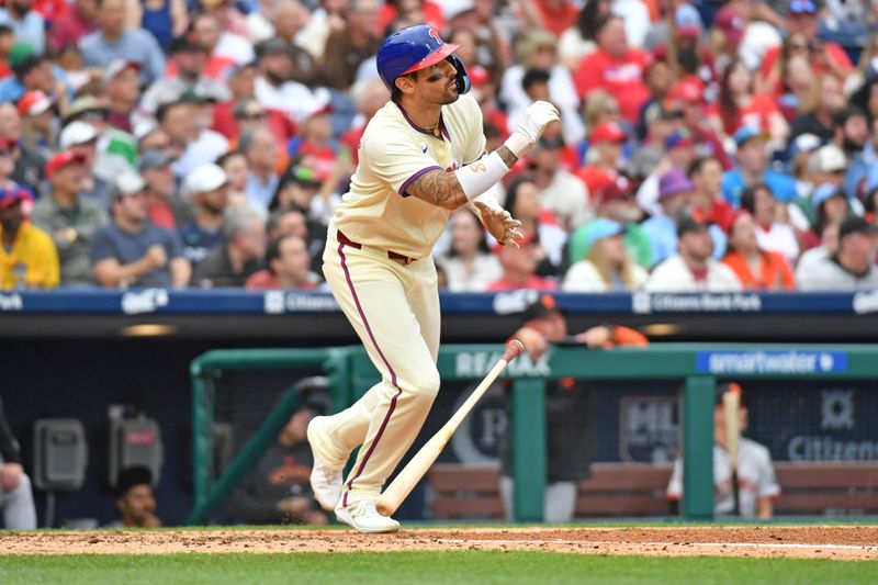 May 6, 2024; Philadelphia, Pennsylvania, USA; Philadelphia Phillies outfielder Nick Castellanos (8) watch his RBUI double against the San Francisco Giants during the fifth inning at Citizens Bank Park. Mandatory Credit: Eric Hartline-USA TODAY Sports