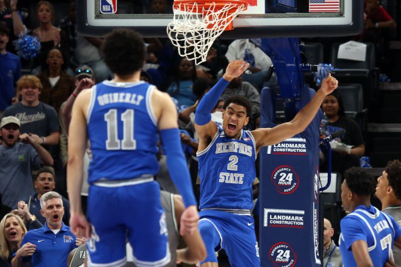 Mar 3, 2024; Memphis, Tennessee, USA; Memphis Tigers forward Nicholas Jourdain (2) reacts after a dunk during the second half against the UAB Blazers at FedExForum. Mandatory Credit: Petre Thomas-USA TODAY Sports