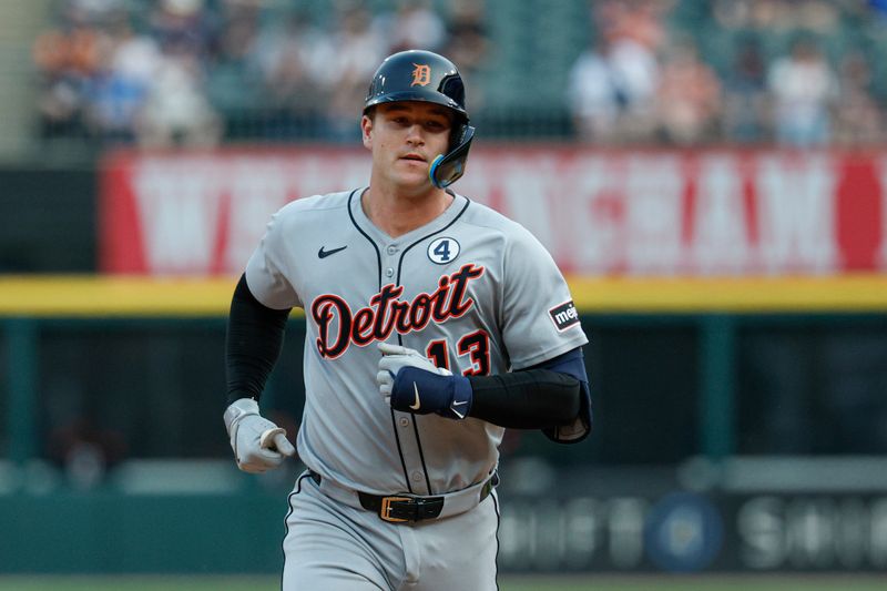 Jun 2, 2025; Chicago, Illinois, USA; Detroit Tigers catcher Dillon Dingler (13) rounds the bases after hitting a solo home run against the Chicago White Sox during the first inning at Rate Field. Mandatory Credit: Kamil Krzaczynski-Imagn Images
