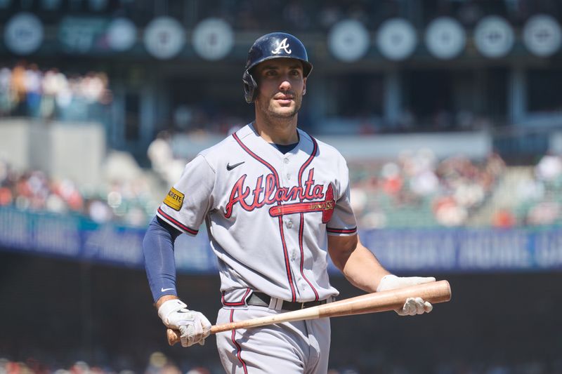 Aug 26, 2023; San Francisco, California, USA; Atlanta Braves infielder Matt Olson (28) walks to the dugout after an at bat against the San Francisco Giants during the fifth inning at Oracle Park. Mandatory Credit: Robert Edwards-USA TODAY Sports